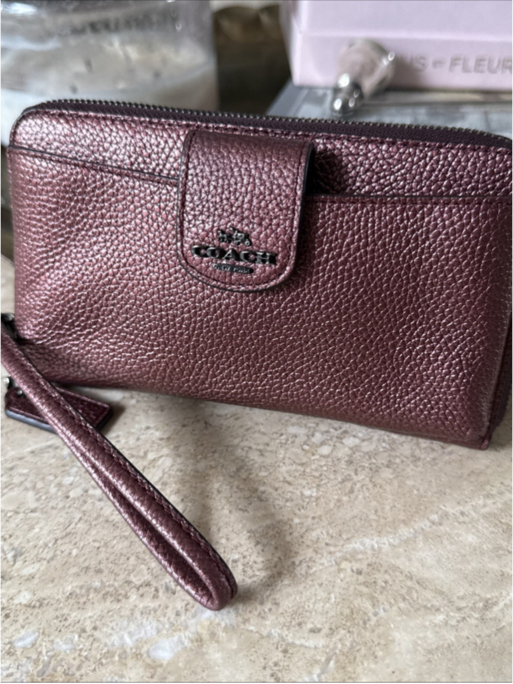 Coach Wallet Pebbled Leather Metallic Rose Gunmetal Hardware Zip Around NWOT
